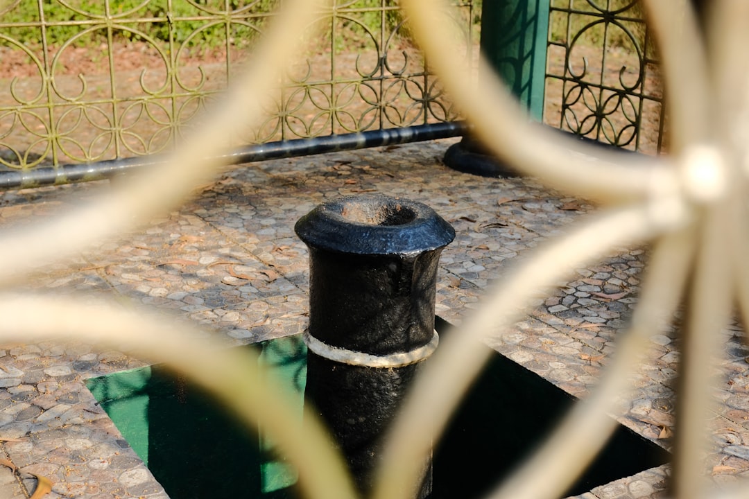 A black fire hydrant sitting next to a fence