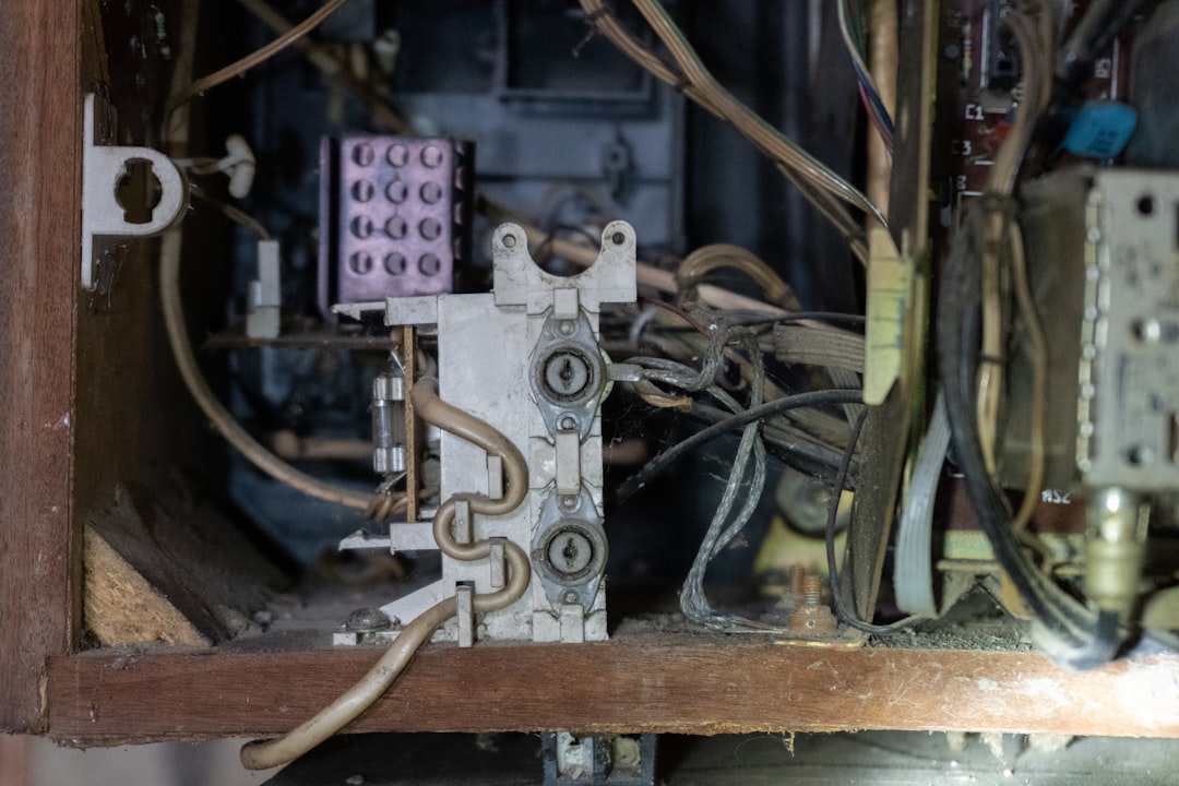 Close-up of old electronic wiring and components.