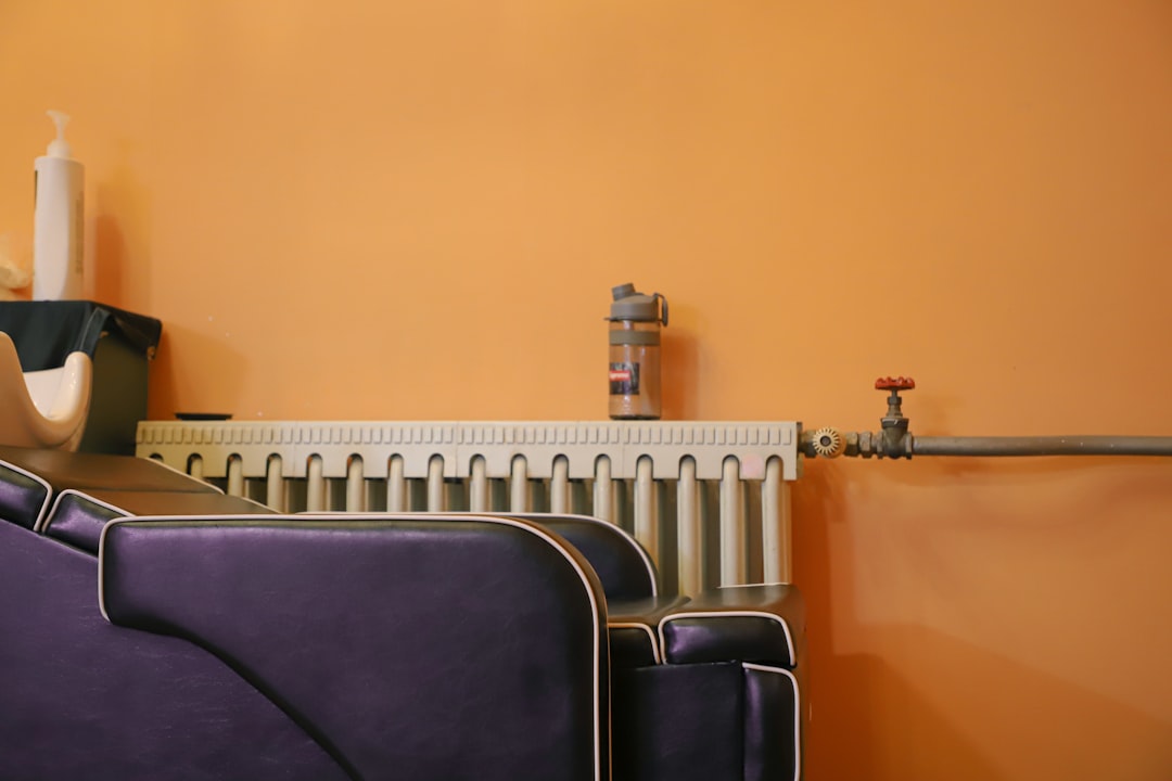 white radiator heater beside black leather chair