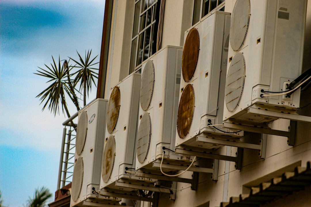 Multiple air conditioning units mounted on a building